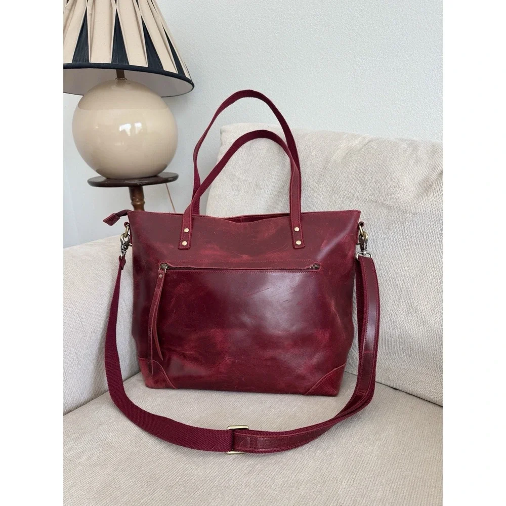Leather Tote Shoulder Bag Red Laptop Szone Minimal Chic Large Travel Work